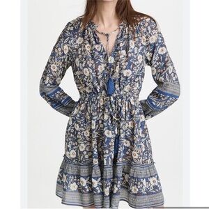 Veronica Beard Printed Danica Dress in Steel Blue Long Sleeve